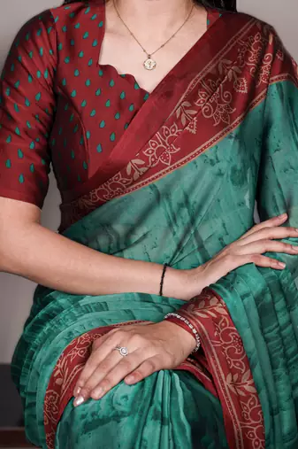 teal rangoli art silk blend printed saree with border & matching blouse