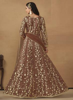 Brown net emboidered wedding wear anarkali suit 2