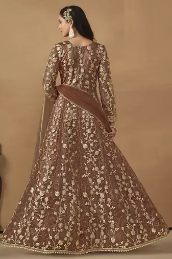 Brown net emboidered wedding wear anarkali suit