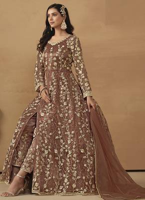 Brown net emboidered wedding wear anarkali suit 3