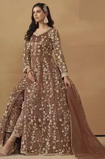 Brown net emboidered wedding wear anarkali suit