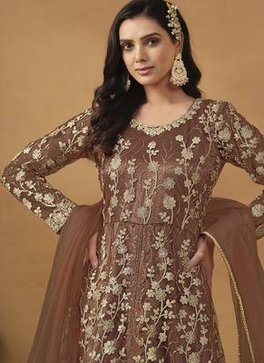 Brown net emboidered wedding wear anarkali suit 4