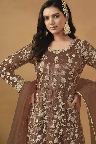 Brown net emboidered wedding wear anarkali suit