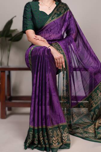 purple rangoli art silk printed saree with designer border & matching blouse