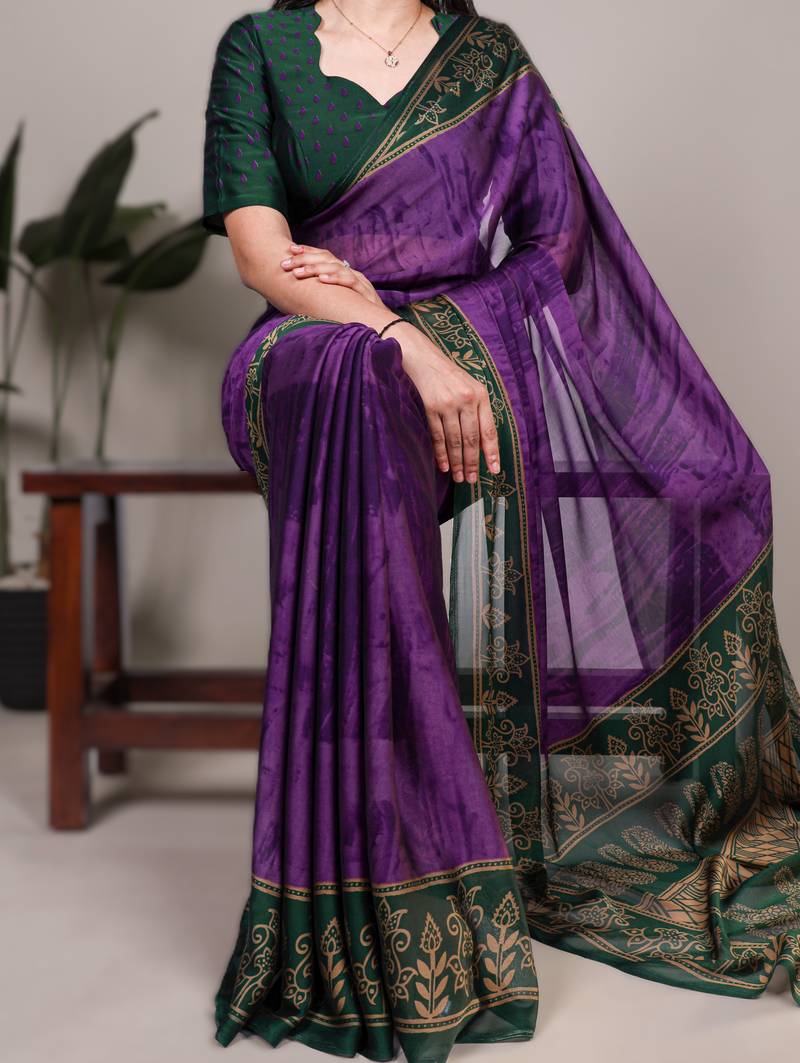 purple rangoli art silk printed saree with designer border & matching blouse