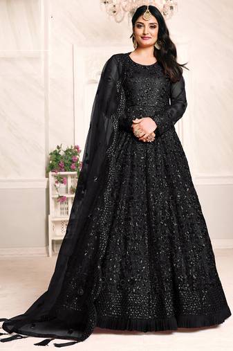 Black net emboidered wedding wear anarkali suit