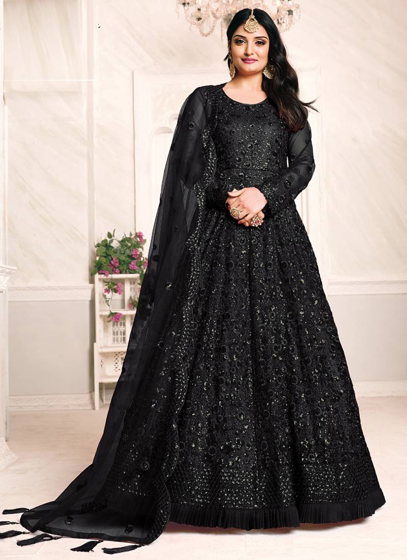 Black net emboidered wedding wear anarkali suit