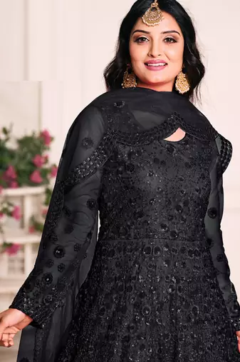 Black net emboidered wedding wear anarkali suit