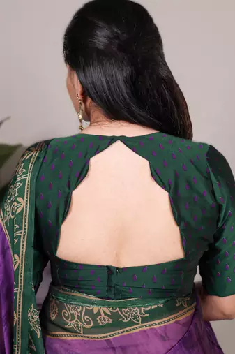 purple rangoli art silk blend printed saree with border & matching blouse
