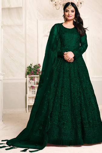 Green net emboidered wedding wear anarkali suit