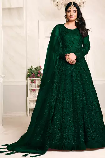 Green net emboidered wedding wear anarkali suit