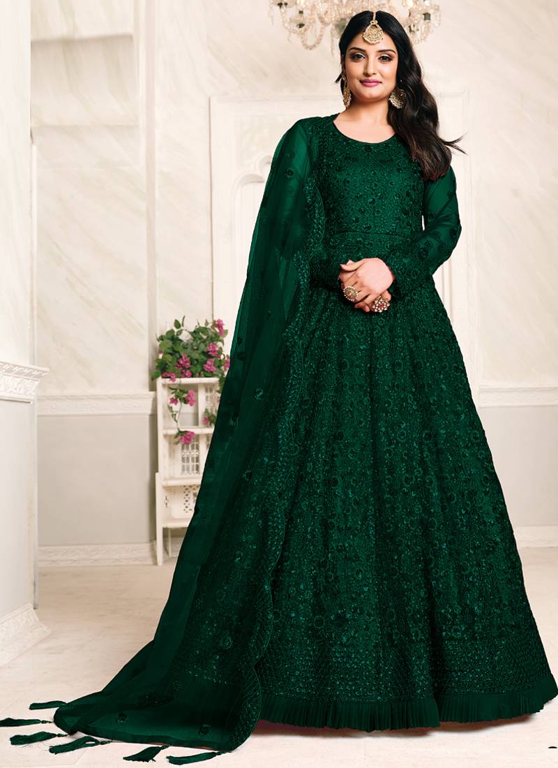 Green net emboidered wedding wear anarkali suit