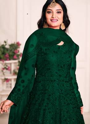 Green net emboidered wedding wear anarkali suit 2