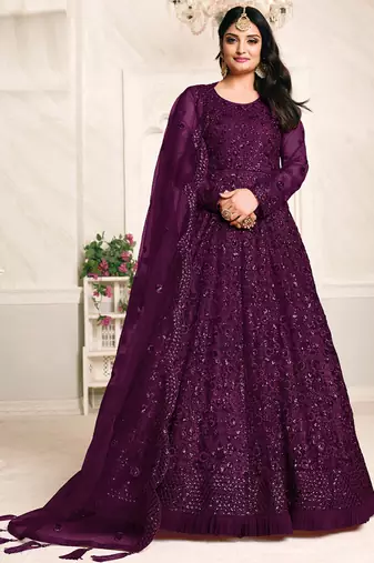 Purple net emboidered wedding wear anarkali suit