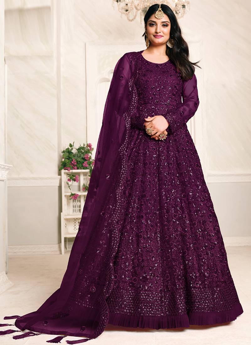 Purple net emboidered wedding wear anarkali suit