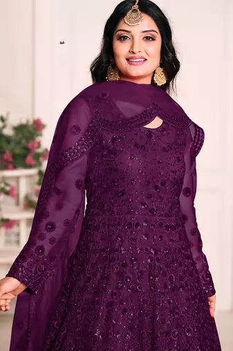 Purple net emboidered wedding wear anarkali suit