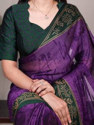 purple rangoli art silk blend printed saree with border & matching blouse 3