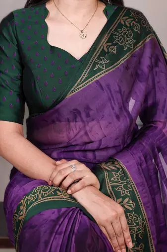 purple rangoli art silk blend printed saree with border & matching blouse