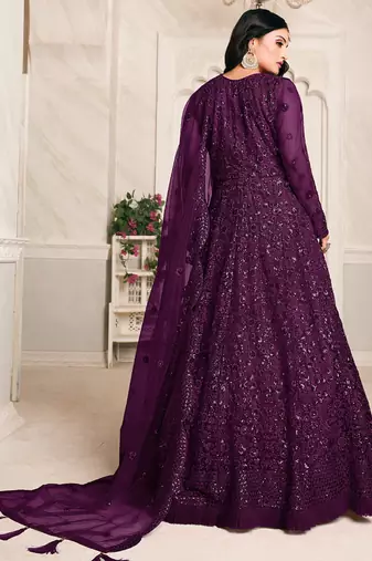 Purple net emboidered wedding wear anarkali suit