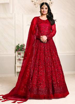 Red net emboidered wedding wear anarkali suit 1