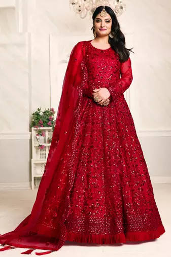 Red net emboidered wedding wear anarkali suit