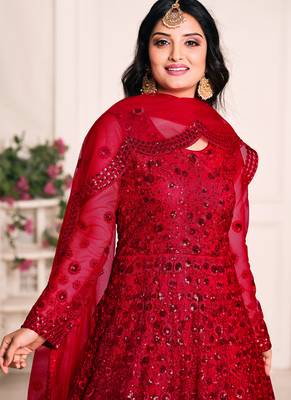 Red net emboidered wedding wear anarkali suit 2