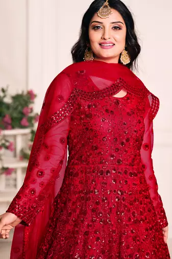 Red net emboidered wedding wear anarkali suit