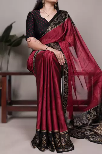 maroon rangoli art silk printed saree with designer border & matching blouse