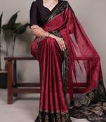 maroon rangoli art silk printed saree with designer border & matching blouse