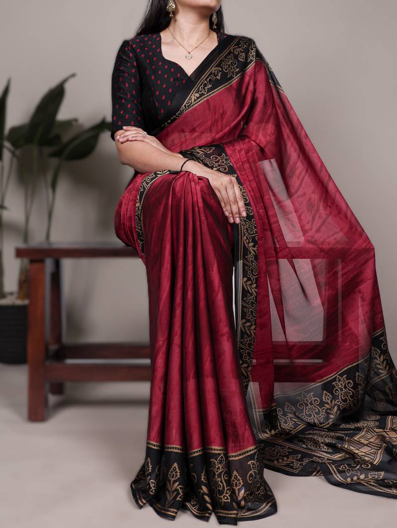maroon rangoli art silk printed saree with designer border & matching blouse