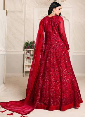Red net emboidered wedding wear anarkali suit 3