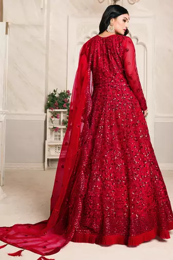 Red net emboidered wedding wear anarkali suit