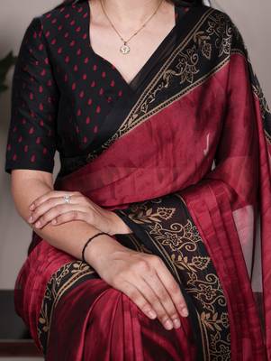 maroon rangoli art silk blend printed saree with border & matching blouse 3