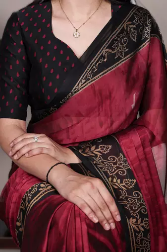 maroon rangoli art silk blend printed saree with border & matching blouse