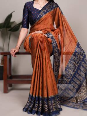 red orange rangoli art silk blend printed saree with border & matching blouse 1