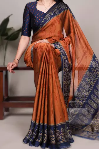 red orange rangoli art silk printed saree with designer border & matching blouse
