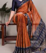 red orange rangoli art silk printed saree with designer border & matching blouse