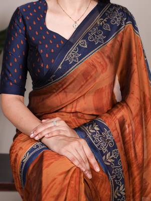 red orange rangoli art silk blend printed saree with border & matching blouse 3