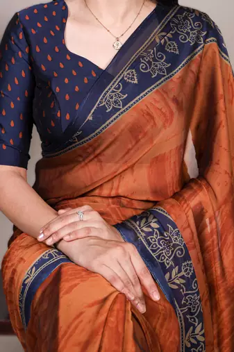 red orange rangoli art silk blend printed saree with border & matching blouse