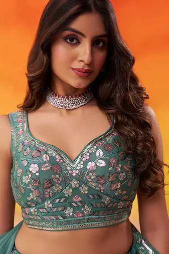 Green Organza Sequins Thread & Embroidery Lehenga Choli With Dupatta