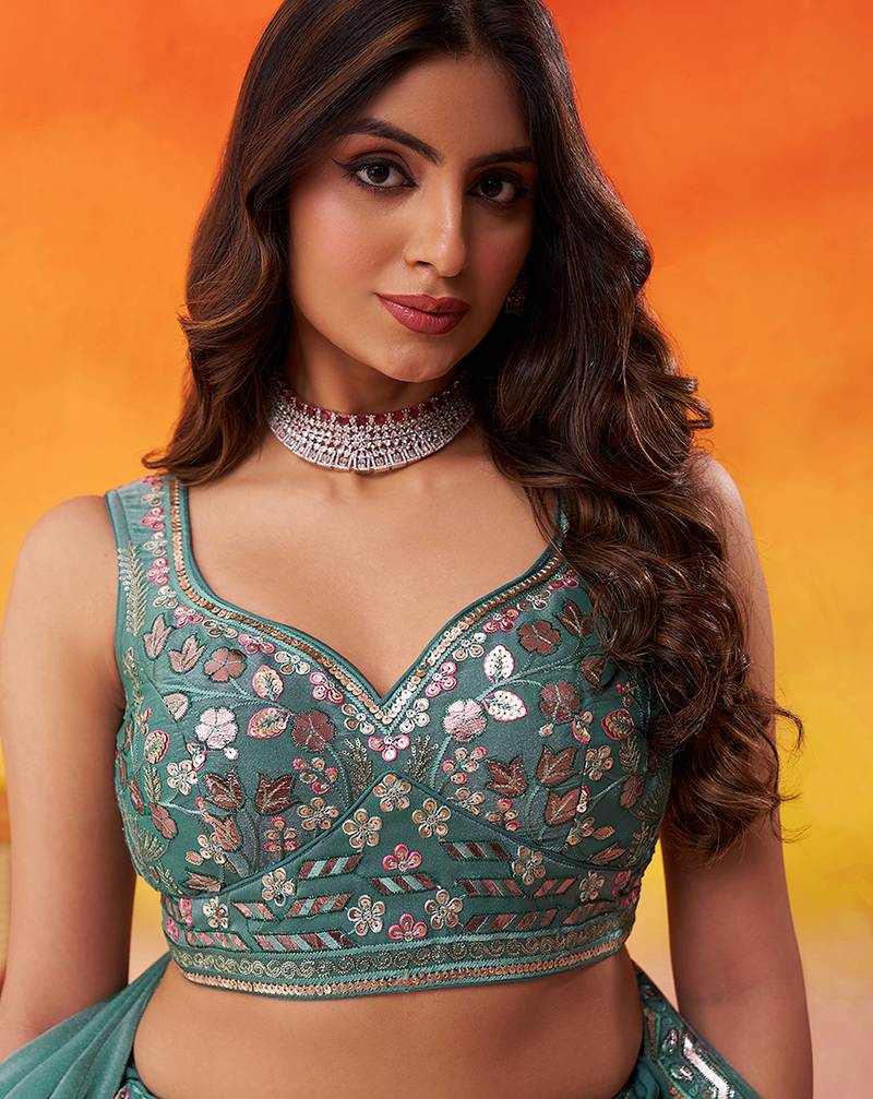 Green Organza Sequins Thread & Embroidery Lehenga Choli With Dupatta