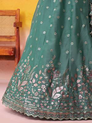 Green Organza Sequins Thread & Embroidery Lehenga Choli With Dupatta 5