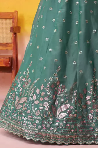 Green Organza Sequins Thread & Embroidery Lehenga Choli With Dupatta