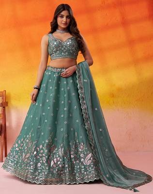 Green Organza Sequins Thread & Embroidery Lehenga Choli With Dupatta 1