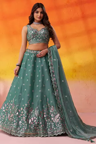 Green Organza Sequins Thread & Embroidery Lehenga Choli With Dupatta