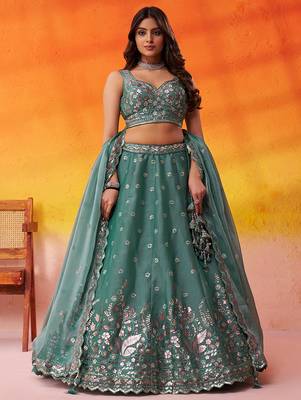 Green Organza Sequins Thread & Embroidery Lehenga Choli With Dupatta 6