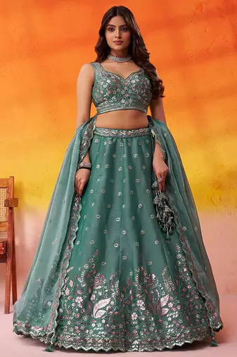Green Organza Sequins Thread & Embroidery Lehenga Choli With Dupatta