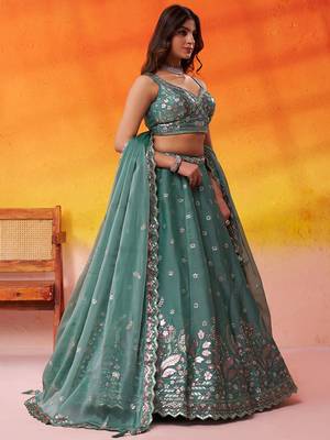 Green Organza Sequins Thread & Embroidery Lehenga Choli With Dupatta 7
