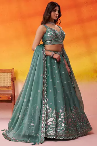 Green Organza Sequins Thread & Embroidery Lehenga Choli With Dupatta