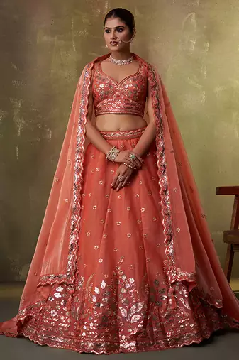 ORANGE Organza Sequins Thread & Embroidery Lehenga Choli With Dupatta